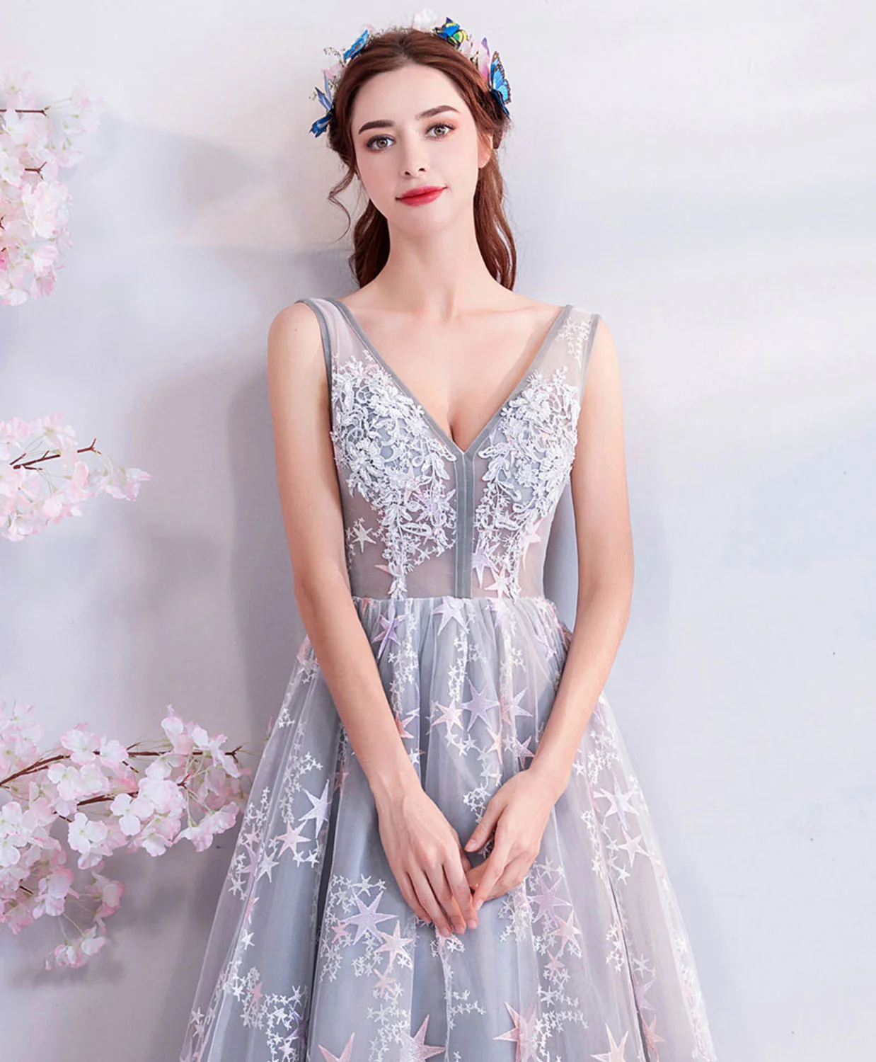 A-Line Gray V Neck Lace Long Prom Dress, Gray Lace Formal Evening Dresses - Deanwangkt
