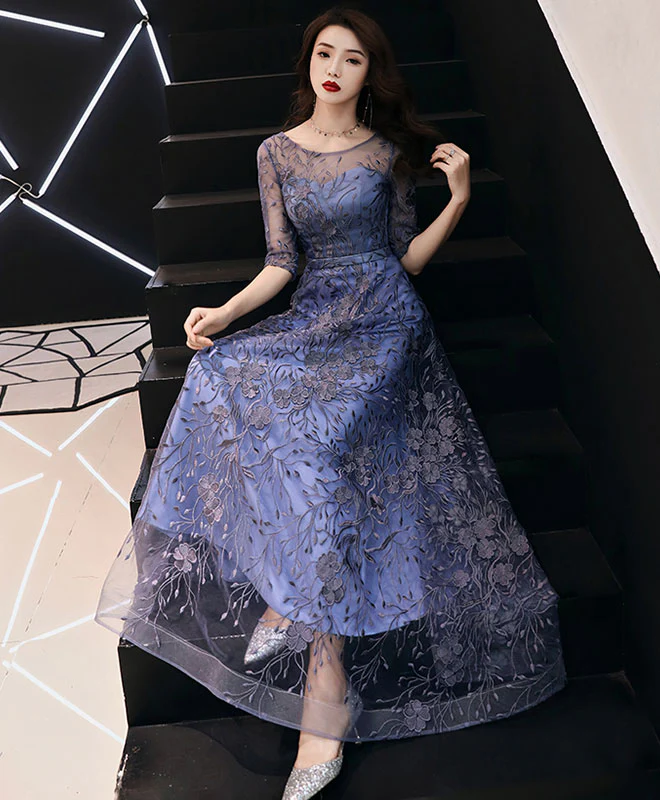 Blue Round Neck Tulle Lace Long Prom Dress, Lace Evening Dress - Deanwangkt