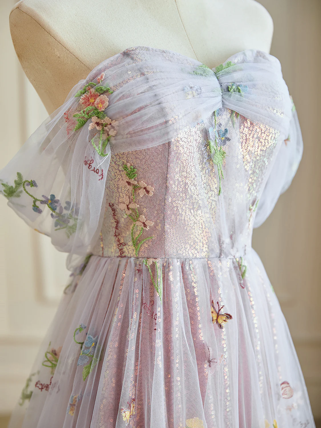 A-Line Off Shoulder Tulle Lace Sequin Purple Long Prom Dress, Purple Sequin Long Evening Dress - Deanwangkt