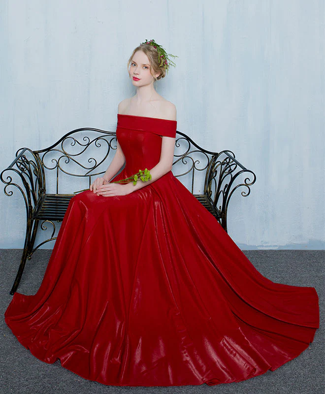 Burgundy Off Shoulder Long Prom Gown, Formal Dress - Deanwangkt