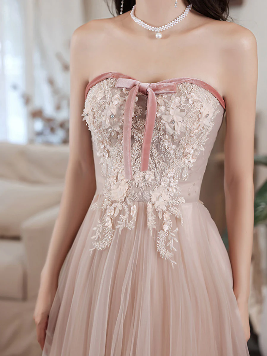 Champagne Tulle Lace Long Prom Dress, Champagne Evening Dress - Deanwangkt