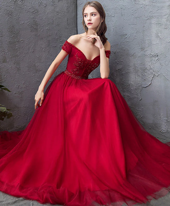 Burgundy Sweetheart Off Shoulder Long Prom Dress, Burgundy Evening Dress - Deanwangkt