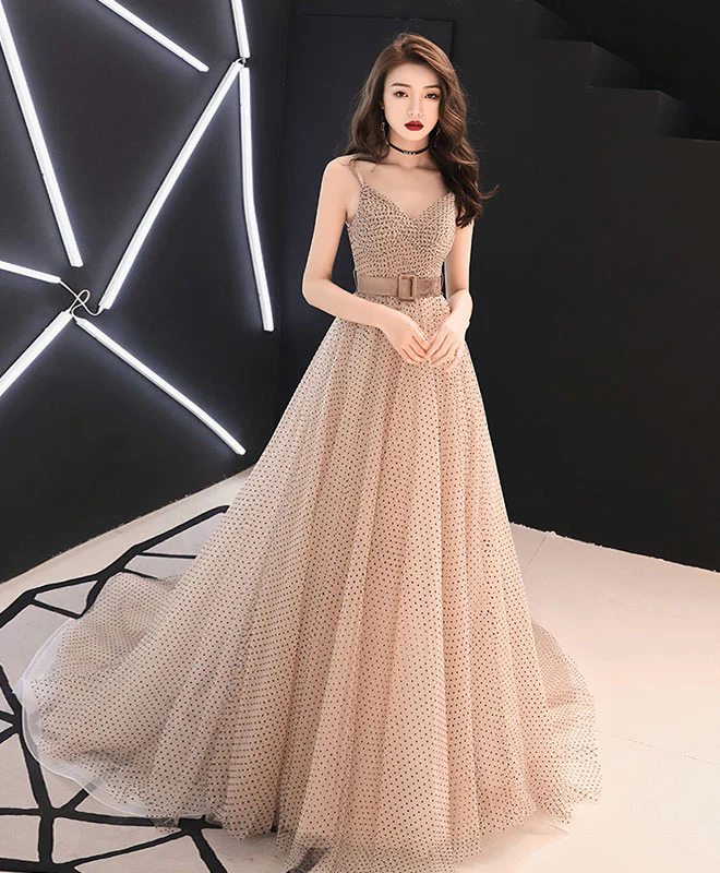 Champagne Sweetheart Tulle Long Prom Dress, Champagne Tulle Evening Dress - Deanwangkt