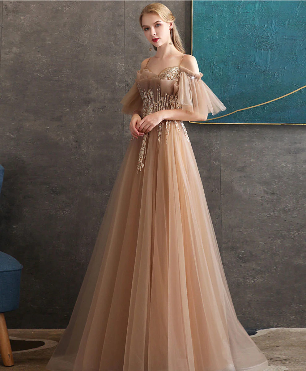 Champagne Tulle Lace Long Prom Dress Tulle Formal Dress - Deanwangkt