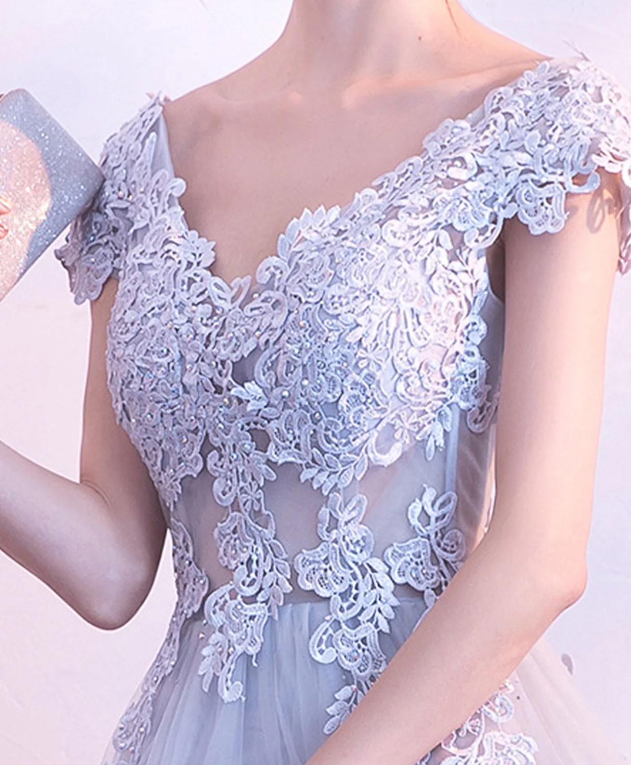 Gray V Neck Tulle Lace Long Prom Dress, Gray Evening Dress - Deanwangkt