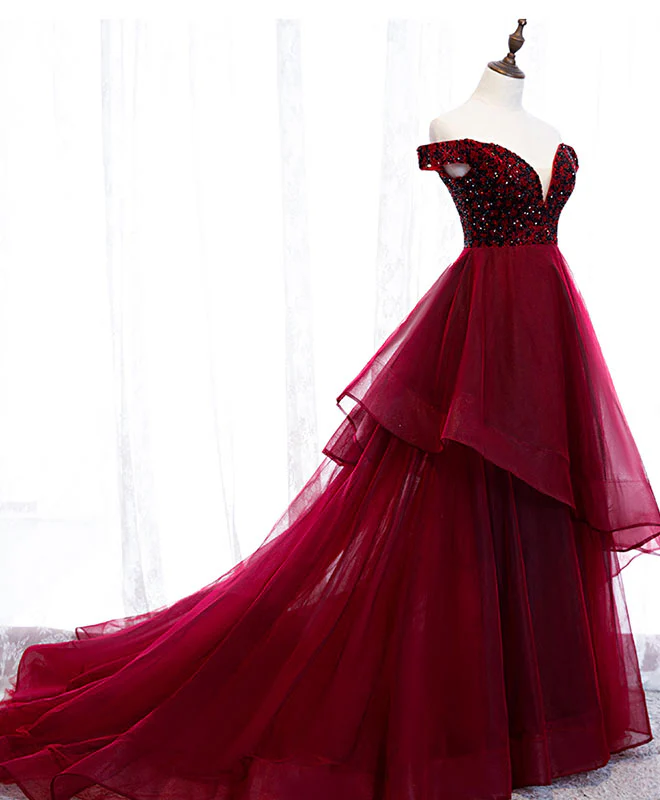 Burgundy Sweetheart Off Shoulder Tulle Long Prom Dress Tulle Formal Dress - Deanwangkt