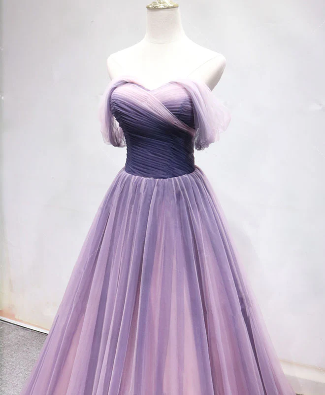 Simple Sweetheart Tulle Purple Long Prom Dress, Bridesmaid Dress - Deanwangkt