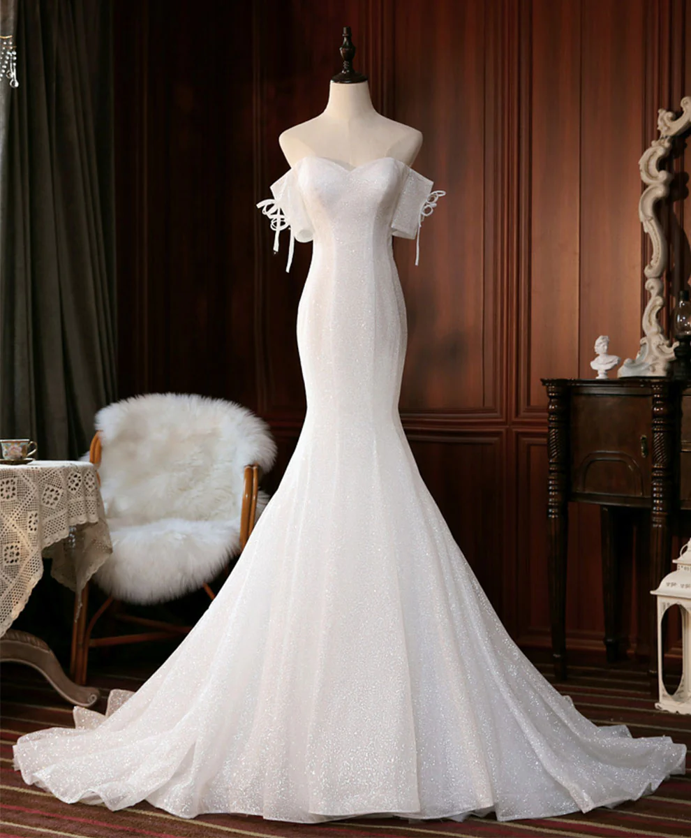 White Sequin Mermaid Long Prom Dress White Wedding Dress - Deanwangkt