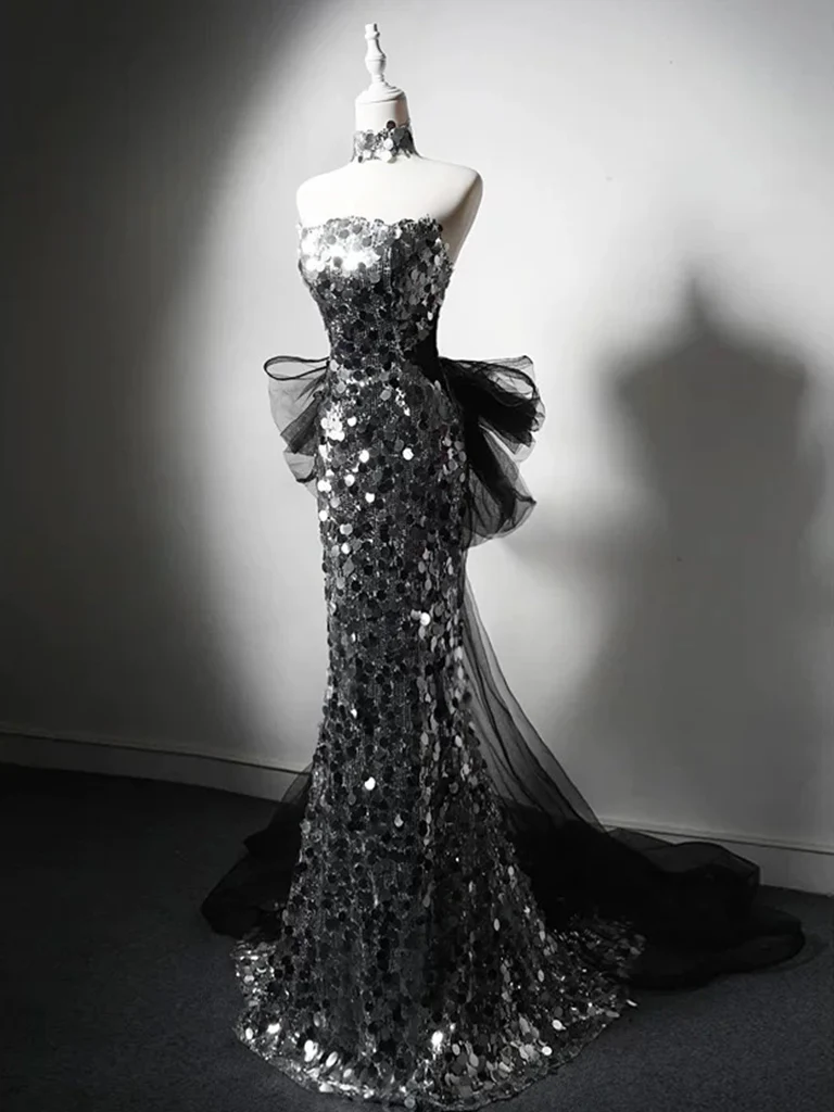Simple Mermaid Tulle Sequin Black/Silver Long Prom Dress, Black/Silver Long Party Dress - Deanwangkt