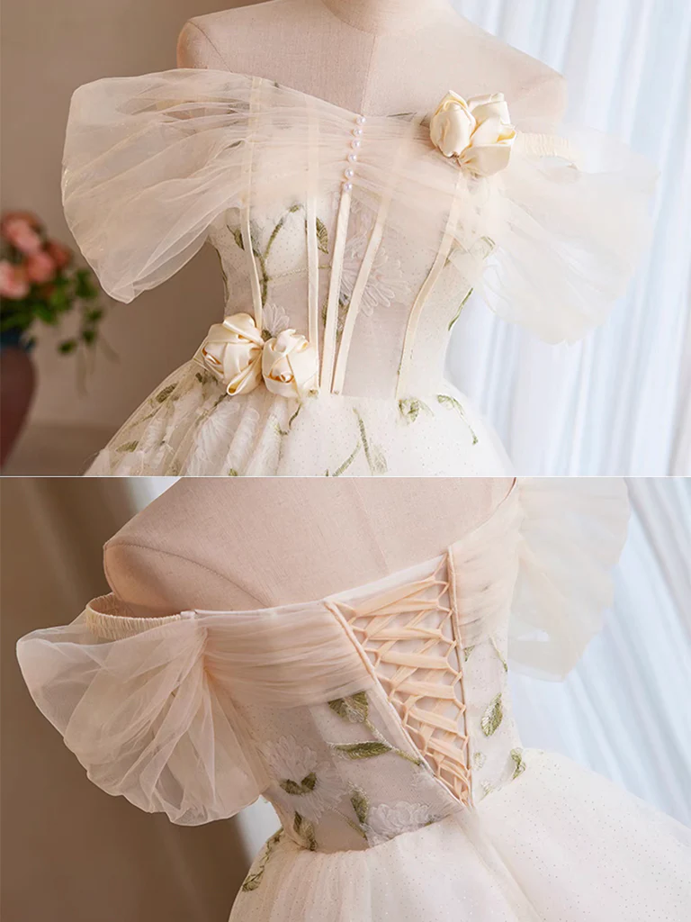 A-Line Tulle Off Shoulder Lace Light Champagne Short Prom Dress, Cute Homecoming Dress - Deanwangkt