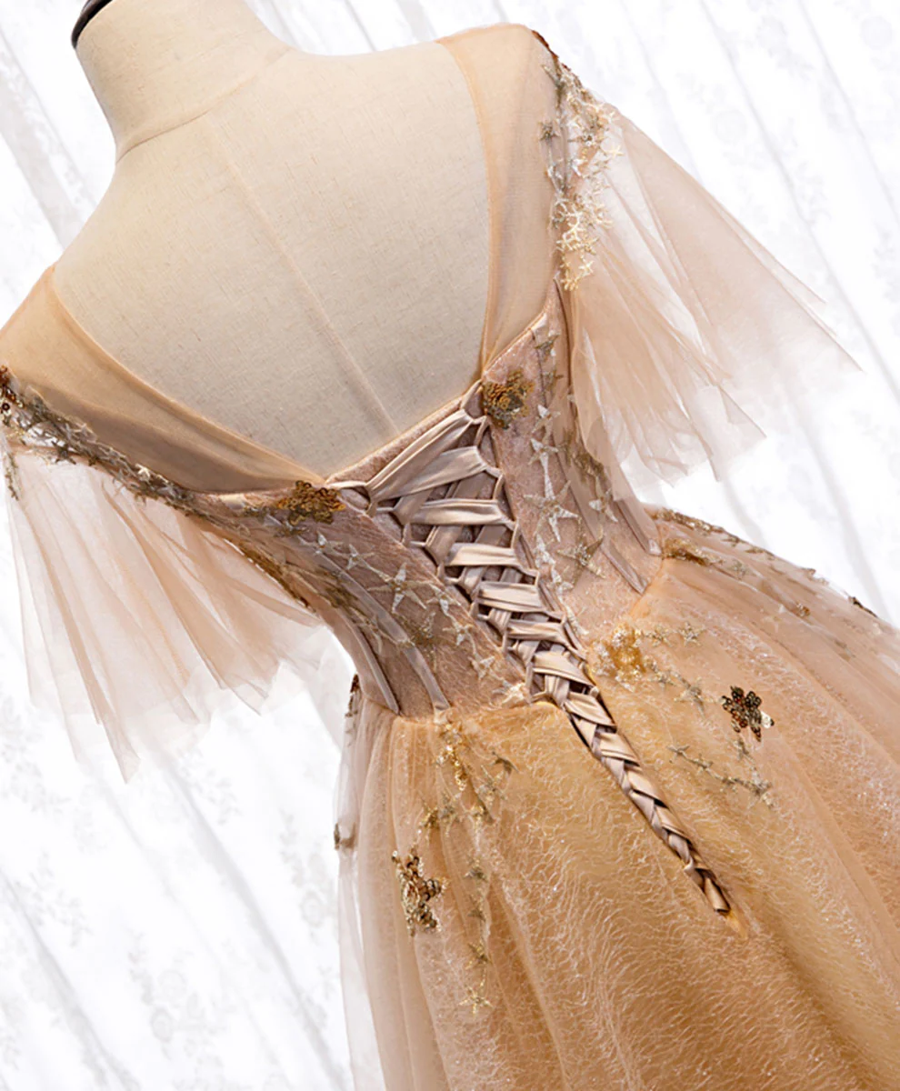 Champagne Round Neck Tulle Lace Long Prom Dress Formal Dress - Deanwangkt