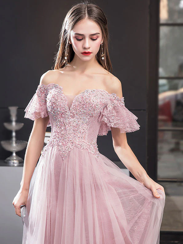 Pink Tulle Lace Off Shoulder Long Prom Dress, Pink Evening Dress - Deanwangkt