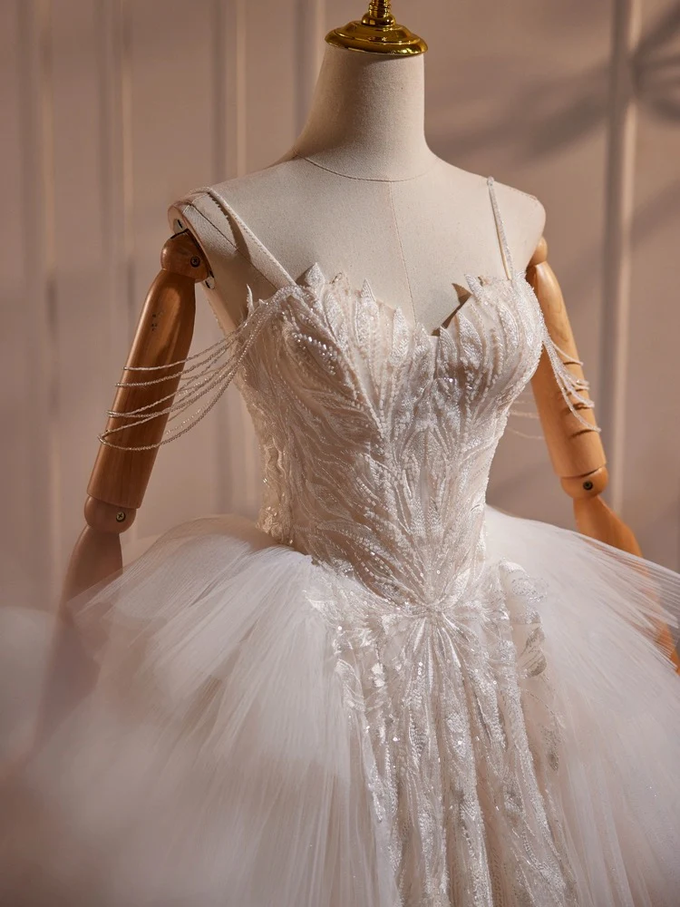 A-Line Sweetheart Neck Tulle Lace Light Champagne Long Wedding Dress with Beads - Deanwangkt