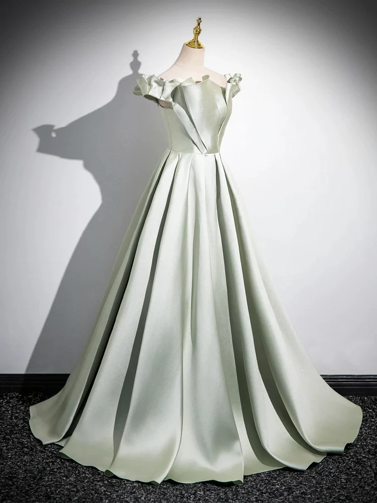 A-Line Off Shoulder Satin Light Green Long Prom Dress, Green Long Formal Dress - Deanwangkt