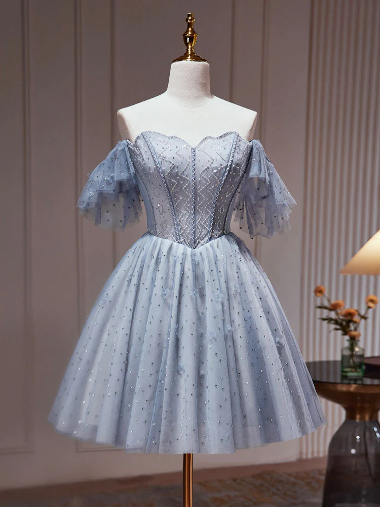 A-Line Gray Blue Tulle Short Prom Dress. Cute Gray Blue Homecoming Dress - Deanwangkt