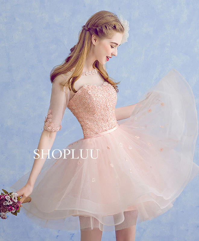 Cute Round Neck Tulle Applique Short Prom Dress, Pink Homecoming Dress - Deanwangkt