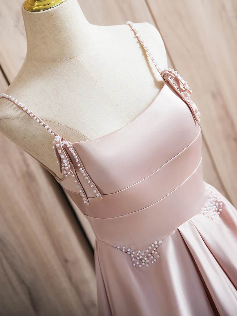 A-Line Beads Satin Pink Long Prom Dress, Pink Long Formal Dress - Deanwangkt