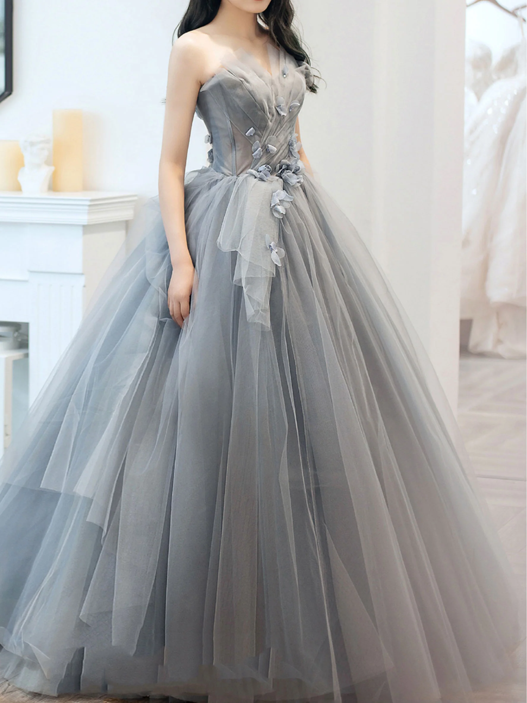 Gray Long Prom Dress, Gray Tulle Ball Gown Formal Dresses - Deanwangkt