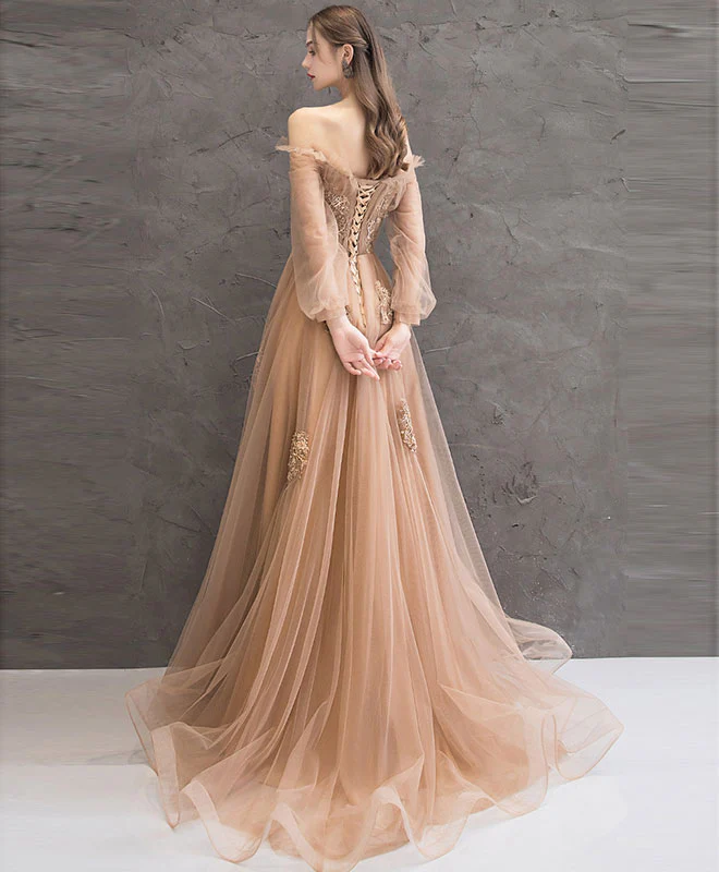 Champagne Tulle Lace Long Prom Dress Champagne Tulle Evening Dress - Deanwangkt