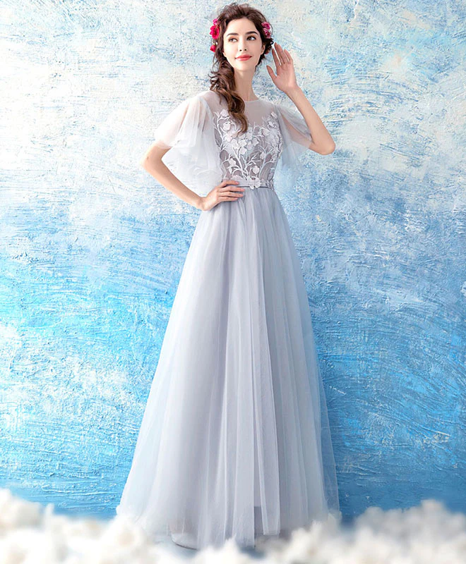 Gray Tulle Ace Long Prom Dress, Gray Evening Dress - Deanwangkt