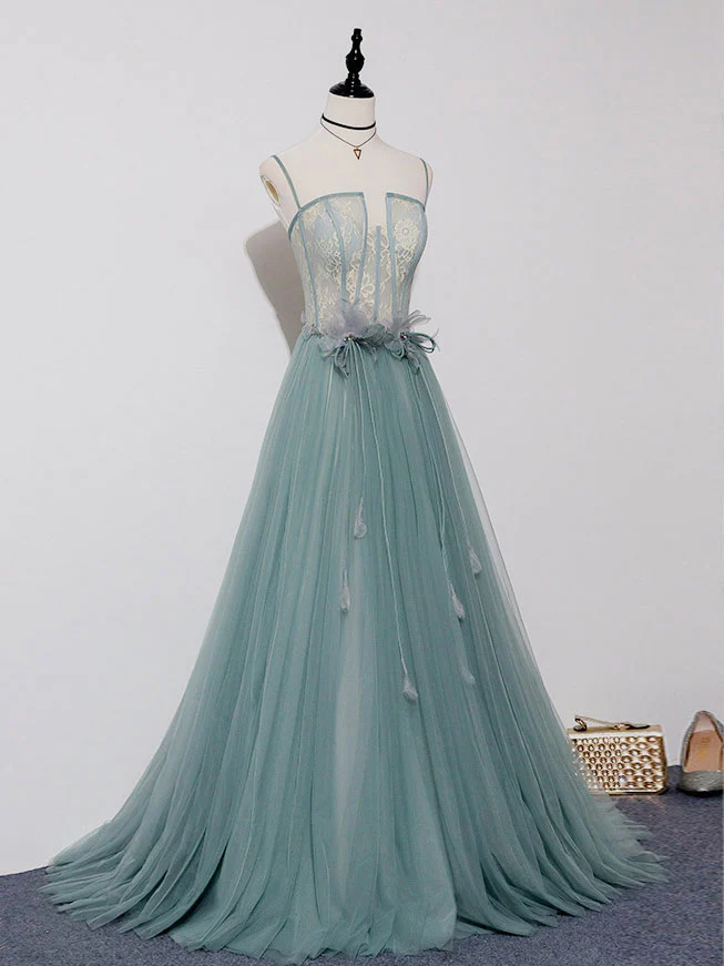 Green A-line Tulle Lace Long Prom Dress Green Tulle Formal Dress - Deanwangkt