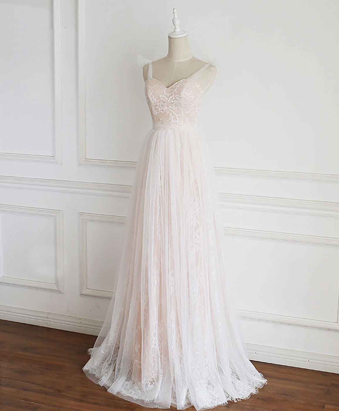 Champagne Sweetheart Tulle Lace Long Prom Dress Lace Evening Dress - Deanwangkt