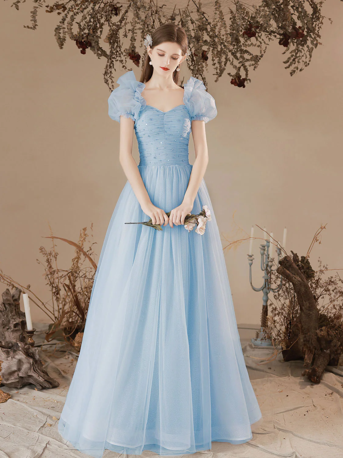 A-Line Sweetheart Neck Tulle Long Prom Dress, Blue Formal Graduation Dresses - Deanwangkt