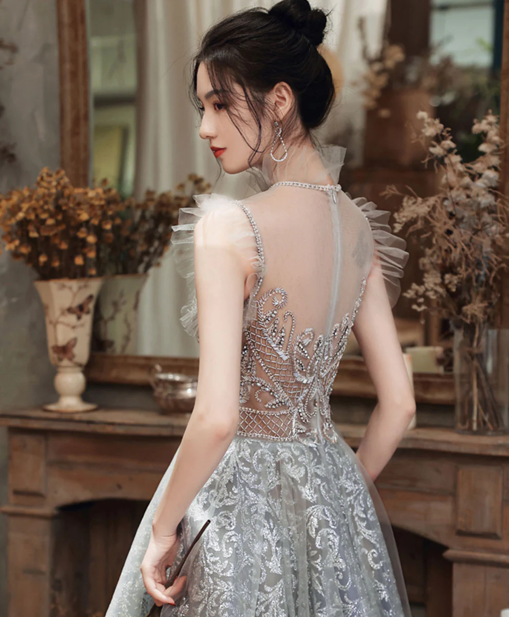 High Neck Tulle Gray Long Prom Dress, Gray Formal Evening Dress with Beading - Deanwangkt