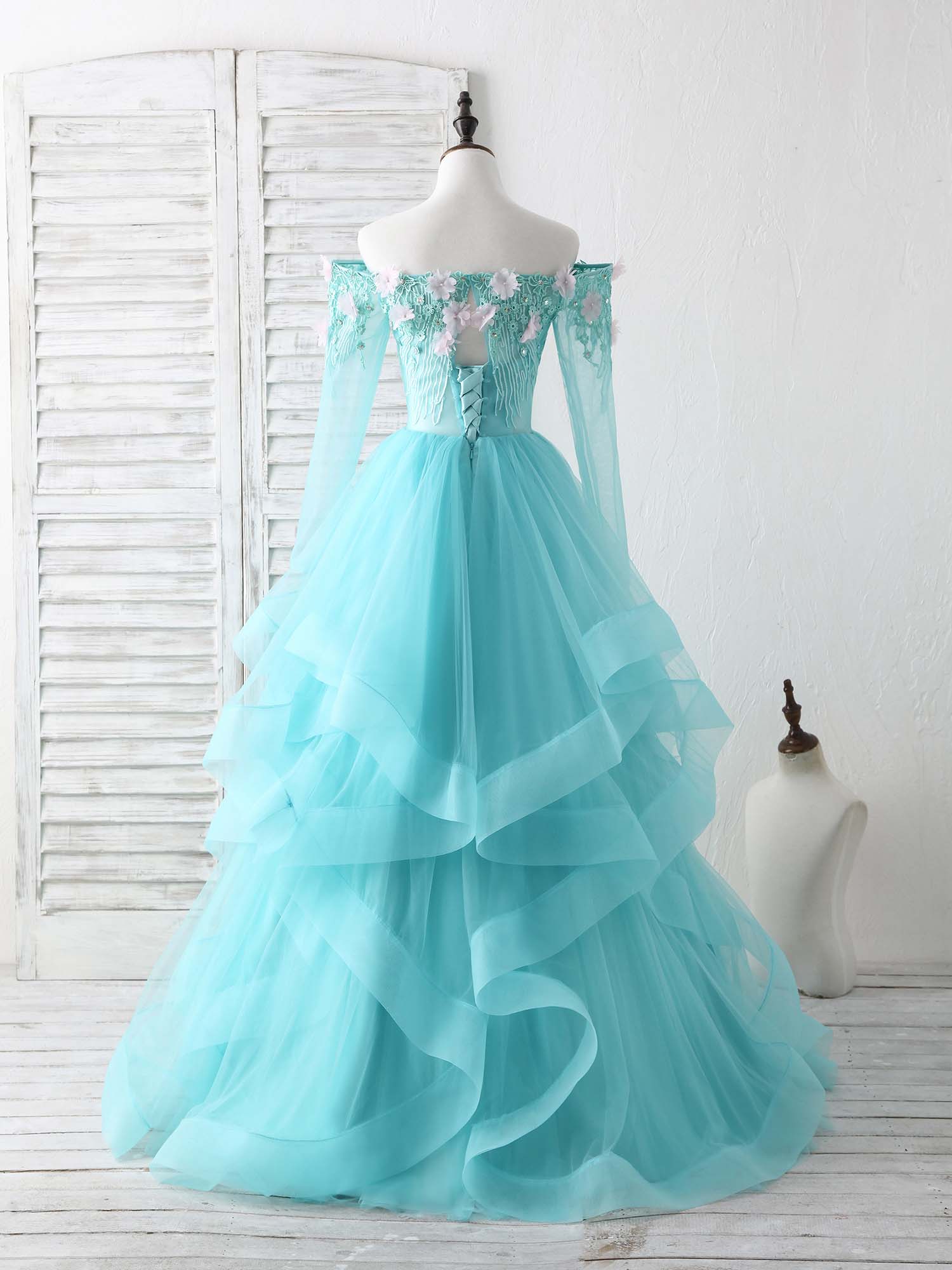 Green Tulle Lace Applique Long Prom Dress Green Graduation Dresses - Deanwangkt