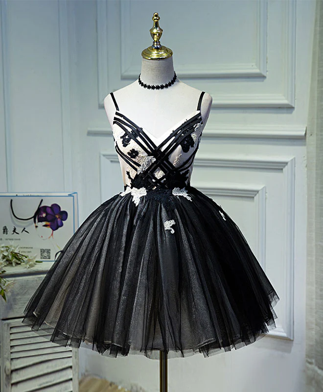 Unique Black Tulle Short Prom Dress, Black Homecoming Dresses - Deanwangkt
