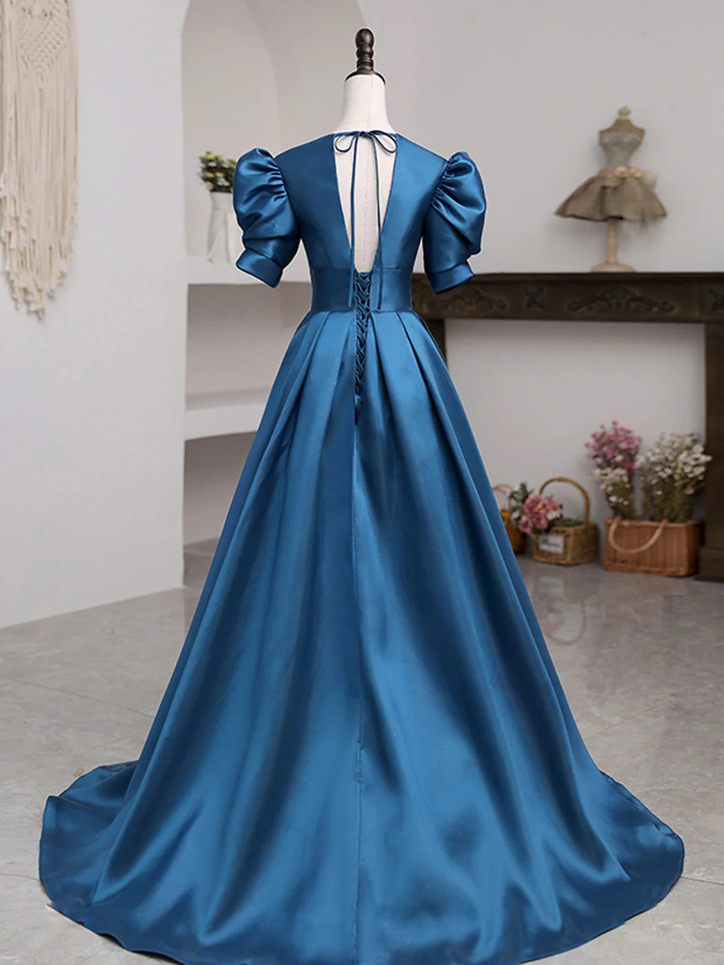 A-Line V Neck Satin Long Prom Dresses, Blue Satin Long Evening Dress - Deanwangkt