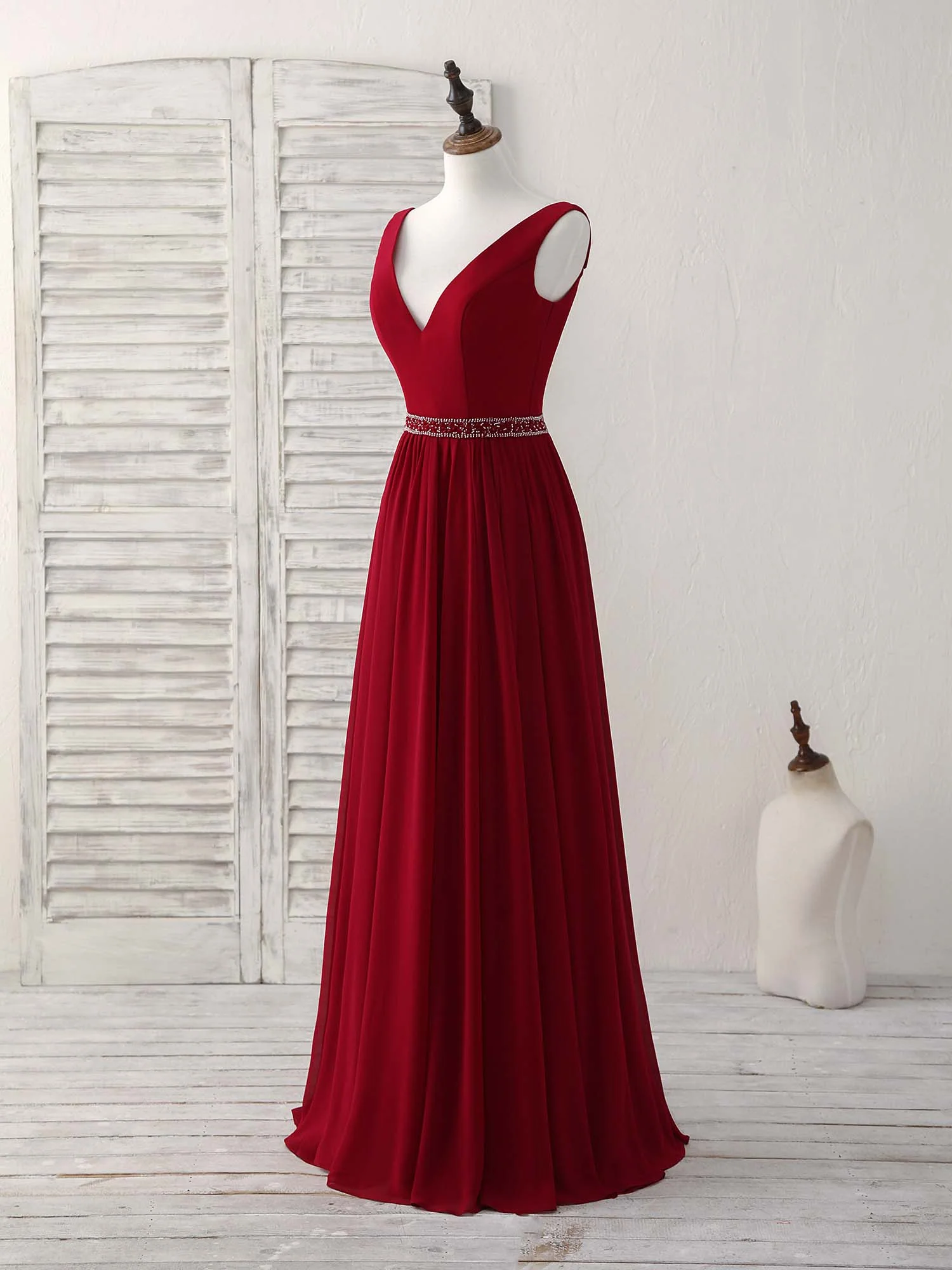 Burgundy Chiffon V Neck Beads Long Prom Dress Burgundy Evening Dress - Deanwangkt