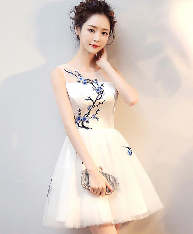 White A-Line Tulle Short Prom Dress, White Evening Dress - Deanwangkt