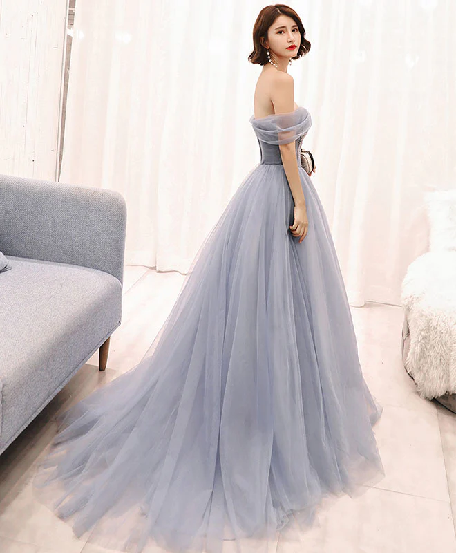 Gray Tulle Long Prom Dress, Gray Evening Dress - Deanwangkt