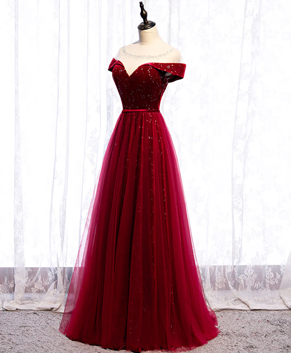 Burgundy Round Neck Tulle Sequin Long Prom Dress Tulle Formal Dress - Deanwangkt