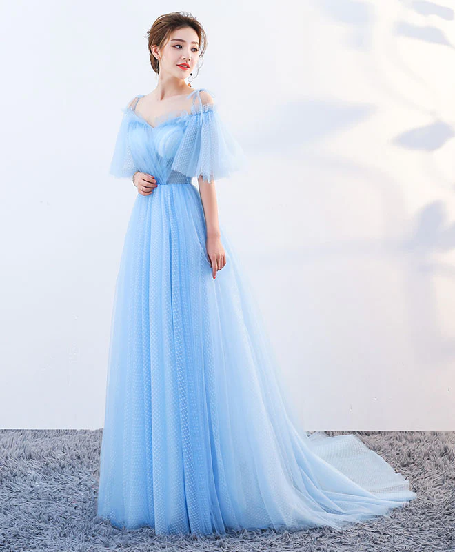 Stylish Sky Blue Tulle Long Prom Dress, Evening Dress - Deanwangkt