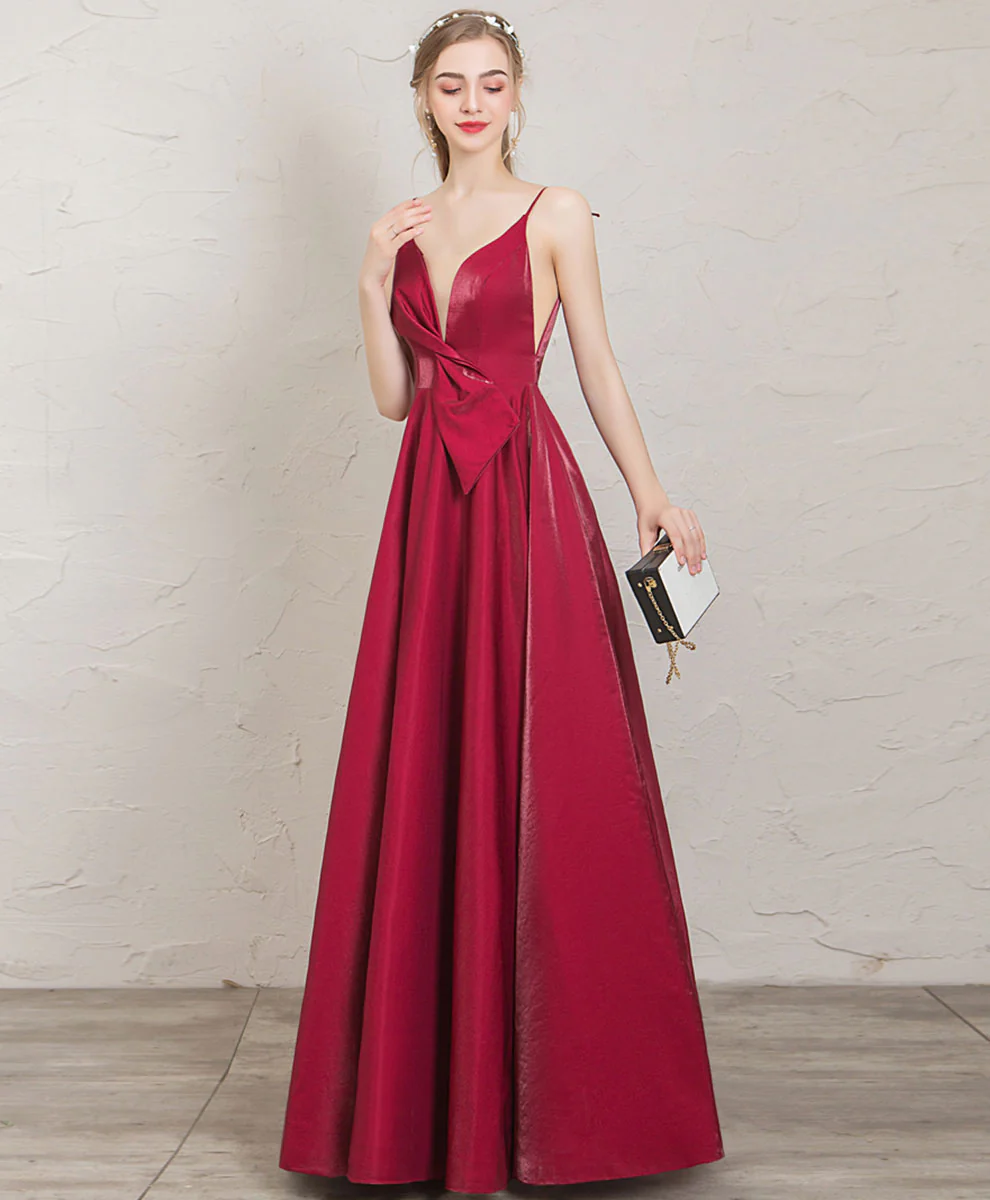 Simple V Neck A Line Satin Long Prom Dress Red Evening Dress - Deanwangkt