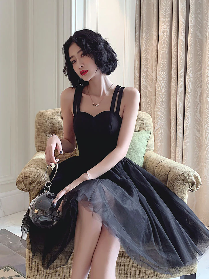 Black Backless Tulle Short Prom Dress, Black Homecoming Dresses - Deanwangkt