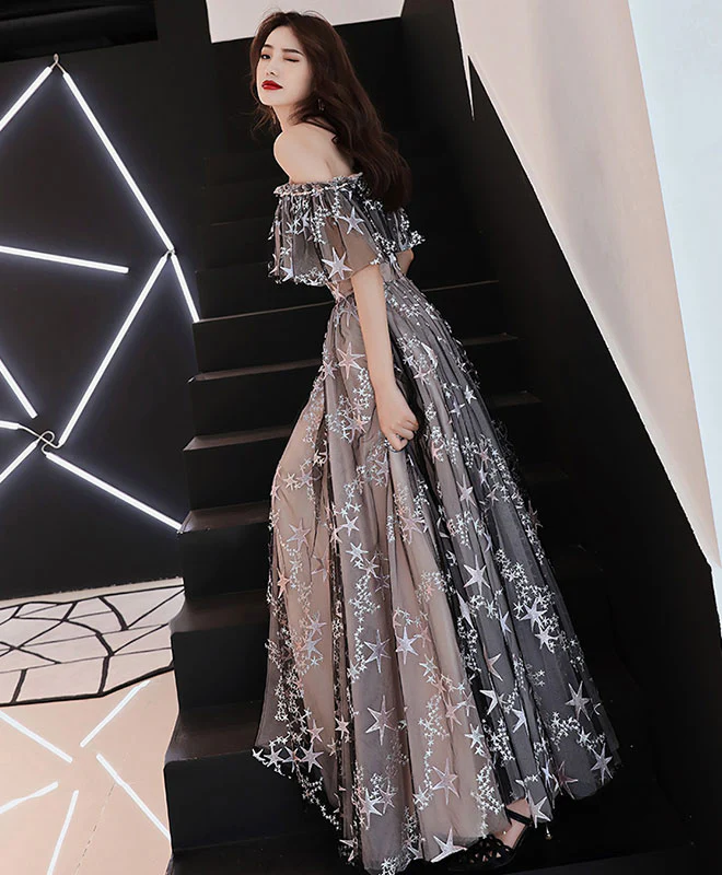 Gray Tulle Lace Long Evening Dress Gray Tulle Formal Dress - Deanwangkt