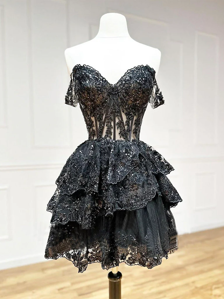Black A-Line Sequin Tulle Short Prom Dress, Black Homecoming Dress - Deanwangkt