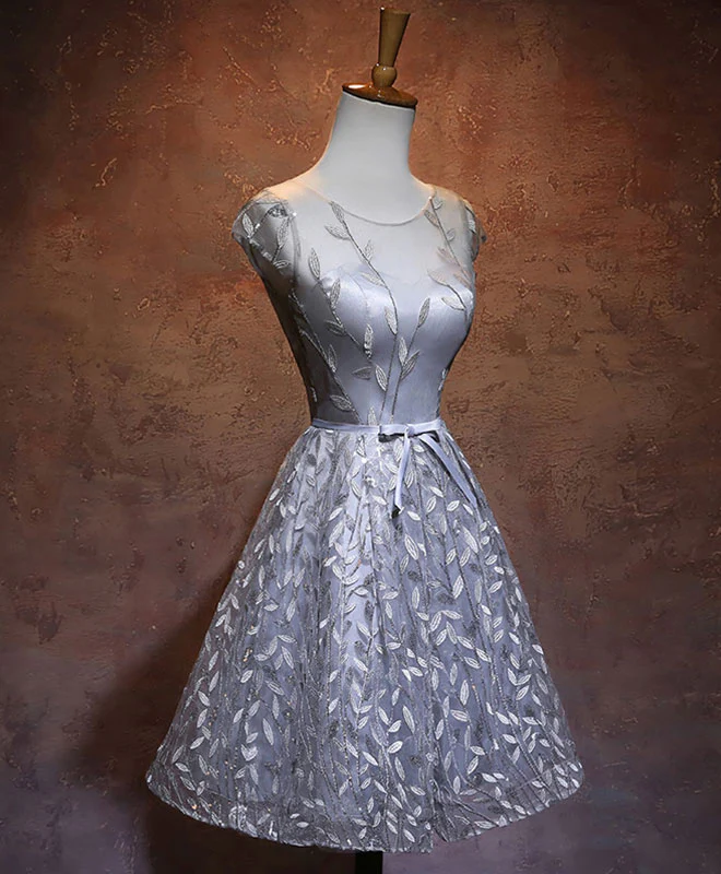 Gray Round Neck Lace Short Prom Dress,Cute Homecoming Dress - Deanwangkt