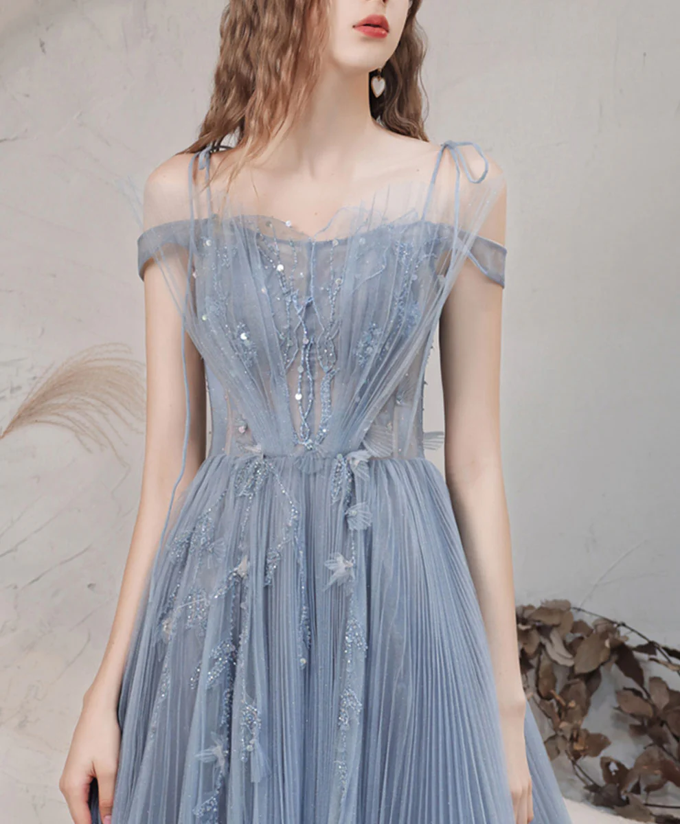 Blue Aline Off Shoulder Long Prom Dress, Blue Formal Graduation Dress with Beading - Deanwangkt