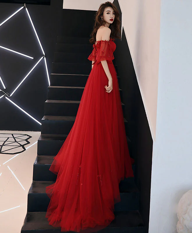Unique Red Tulle Lace Long Prom Dress Tulle Red Evening Dress - Deanwangkt