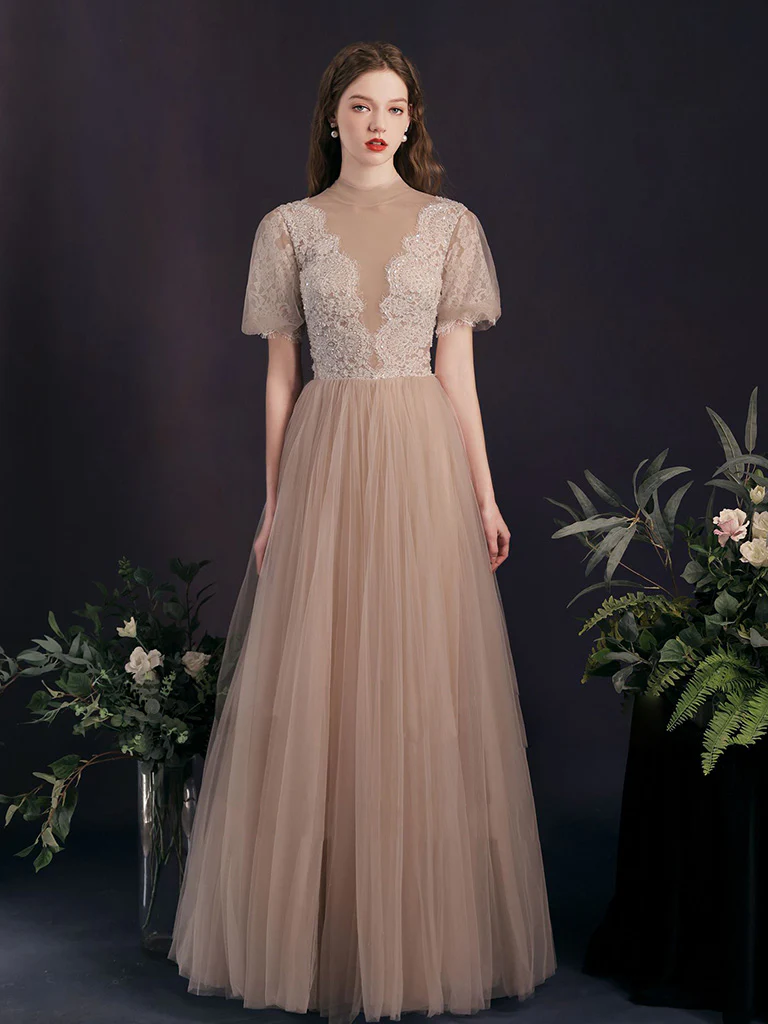 A-Line Tulle Lace Champagne Long Prom Dress, Champagne Long Bridesmaid Dress - Deanwangkt