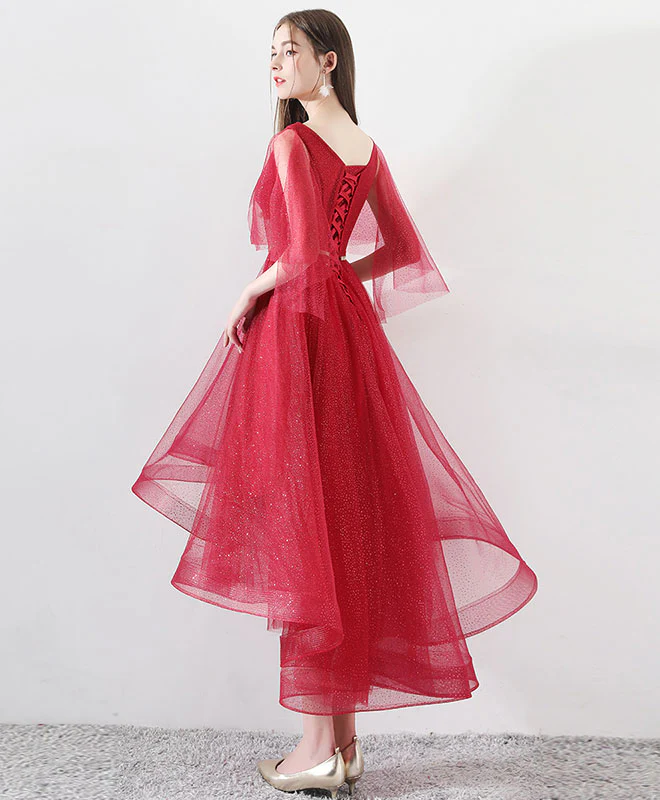 Burgundy Tulle High Low Prom Dress, Burgundy Tulle Evening Dress - Deanwangkt