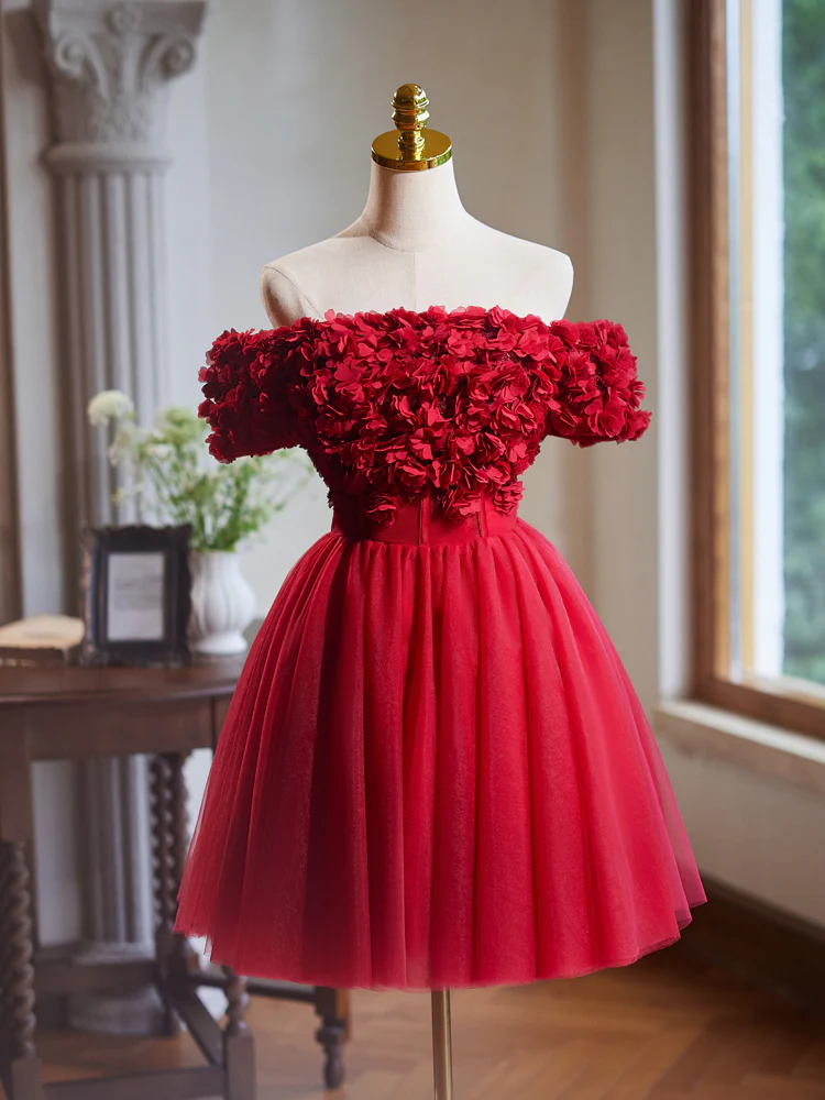 A-Line Tulle Lace Applique Red Short Prom Dress, Red Homecoming Dress - Deanwangkt