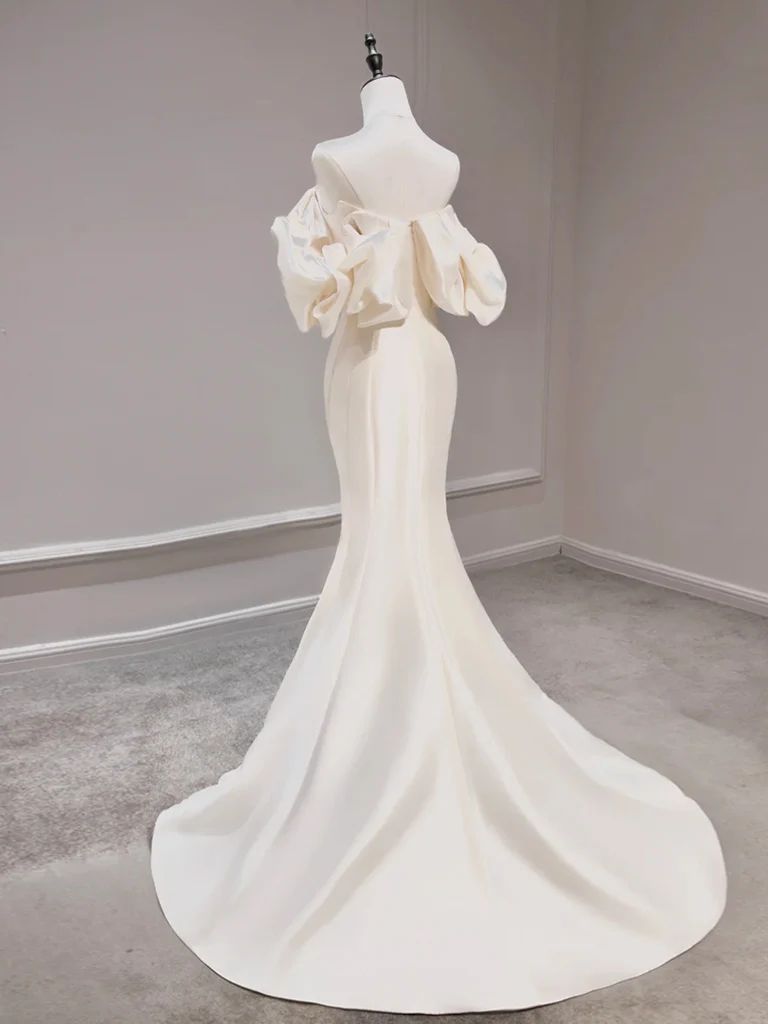 Mermaid Off Shoulder Satin Light Champagne Long Prom Dress, Light Champagne Formal Dress - Deanwangkt