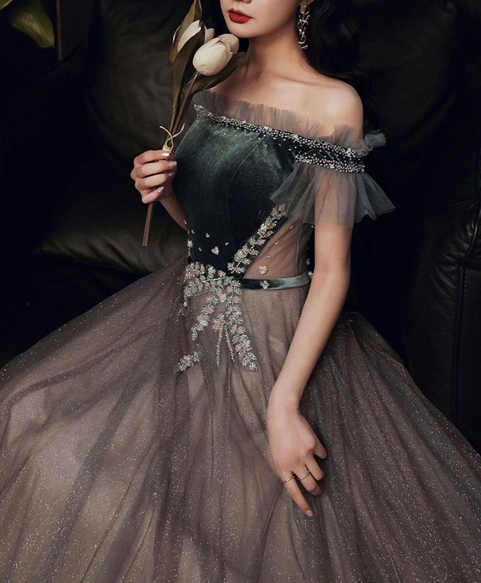 Green/Gray Sequin Long Prom Dresses, Green/Gray Formal Graduation Dress with Beading - Deanwangkt
