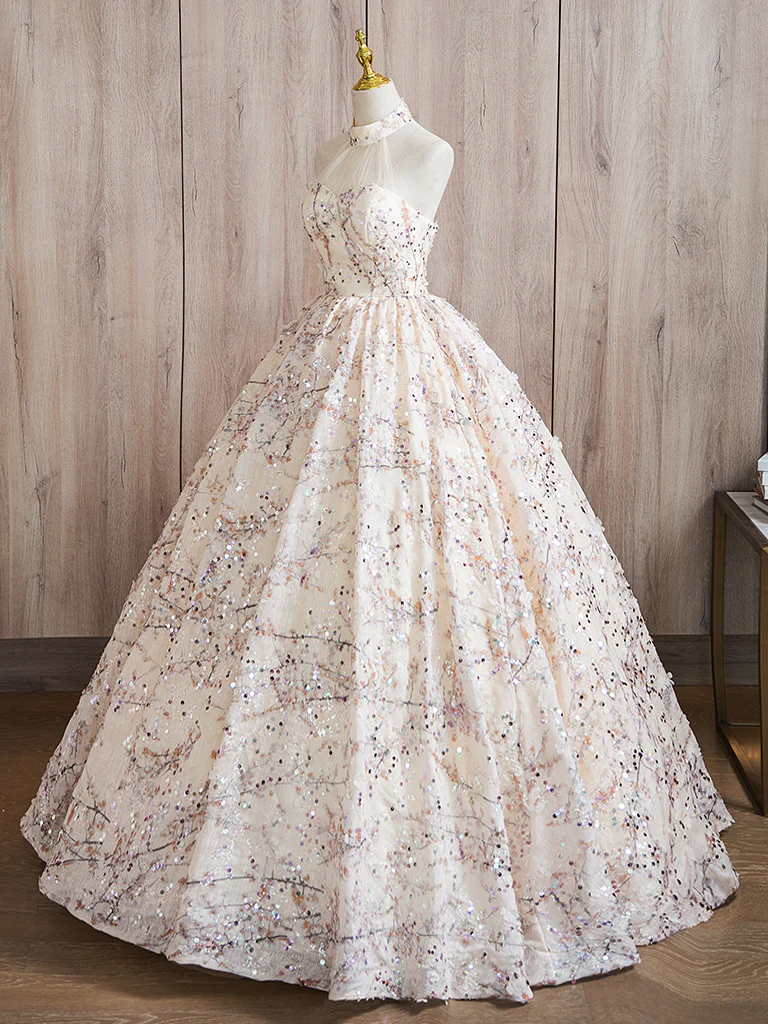 A-Line High Neck Lace Champagne Long Prom Dress, Champagne Long Formal Dress - Deanwangkt