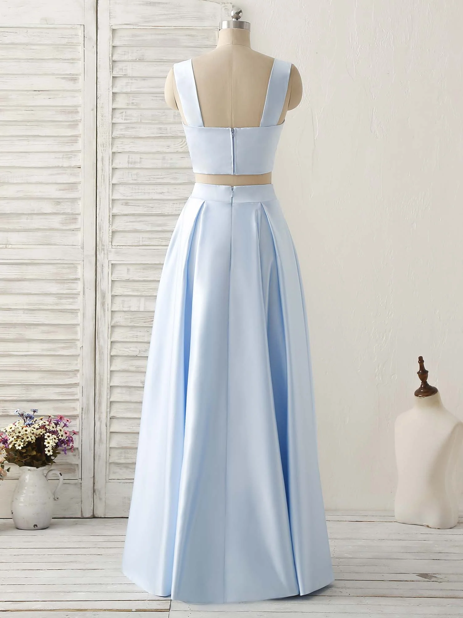 Light Blue Two Pieces Satin Long Prom Dress Simple Evening Dress - Deanwangkt